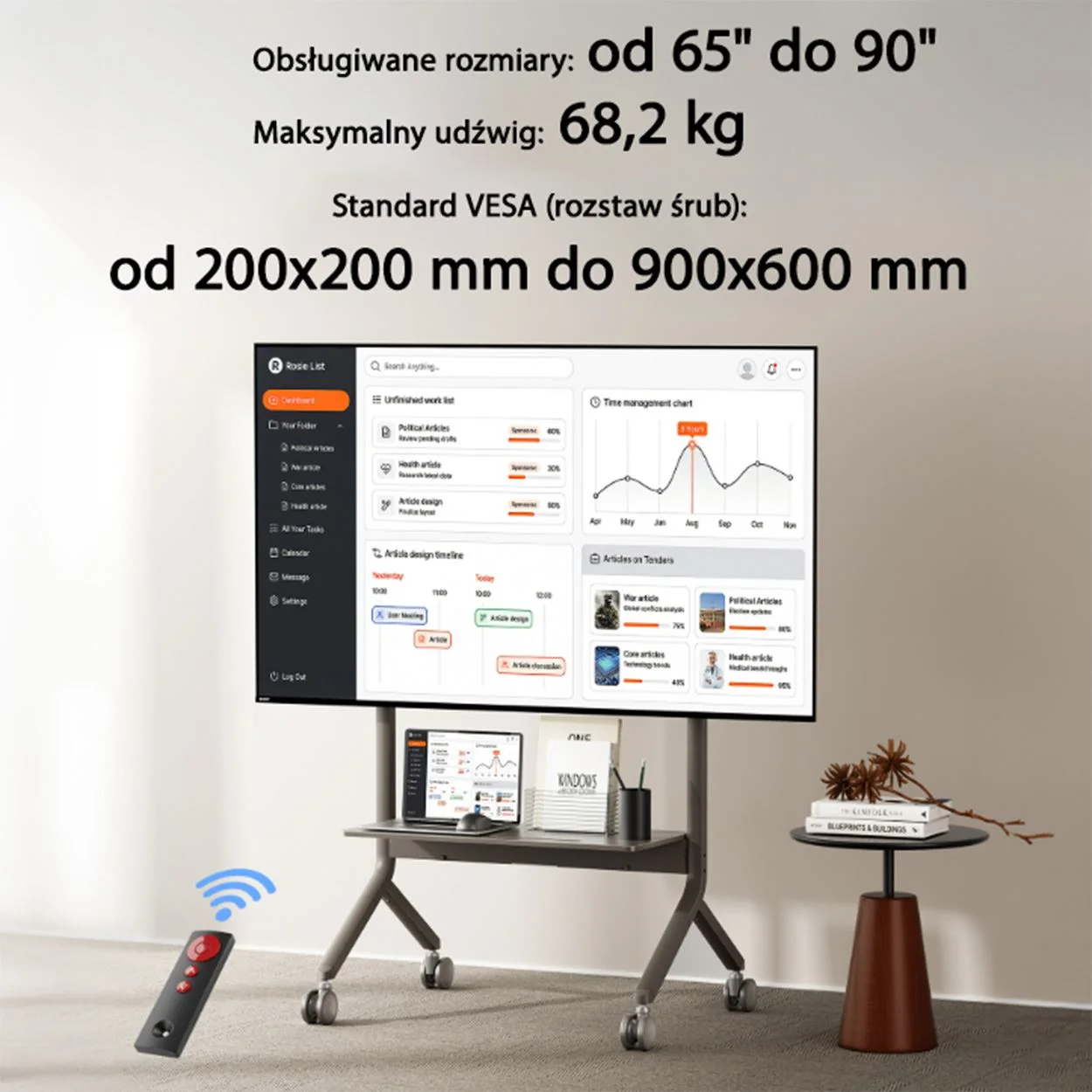 Mobilny elektryczny regulowany stojak do TV Monitorów Interaktywnych 65-90" Pe150 – zdjęcie 6